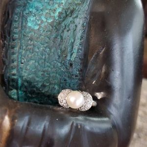 Pearl and diamond solid 14 kt white gold ring